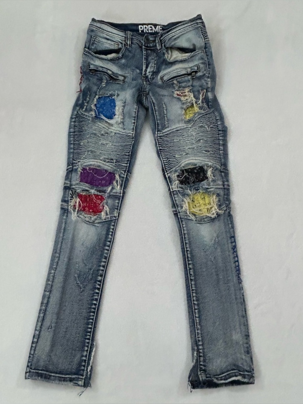 Preme Multi Colored Bandana Blue Denim Distressed Skinny Jeans Men’s Size 28x29